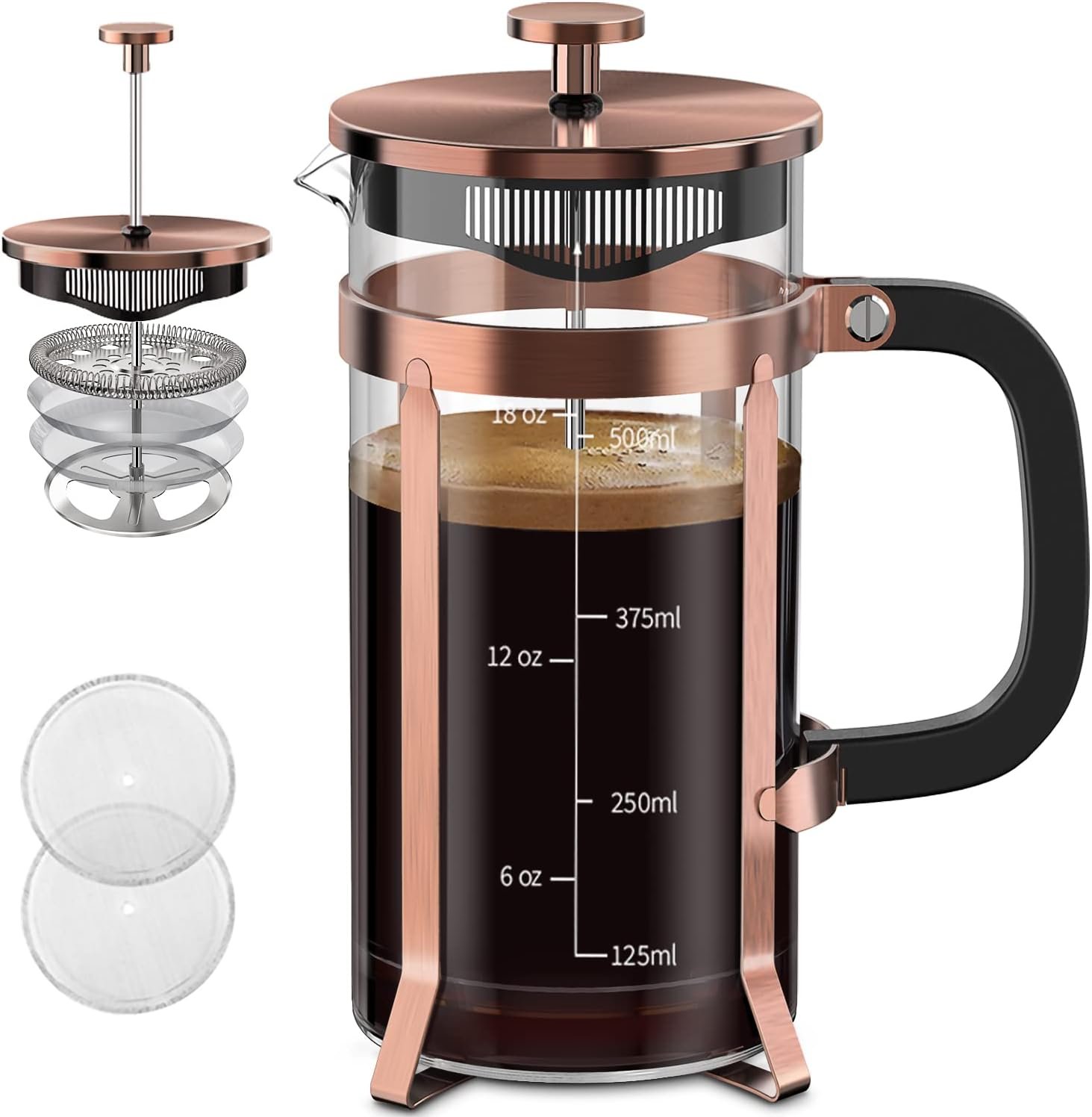 QUQIYSO 304 Stainless Steel French Press 21oz with 4 Filters (Copper) product photo
