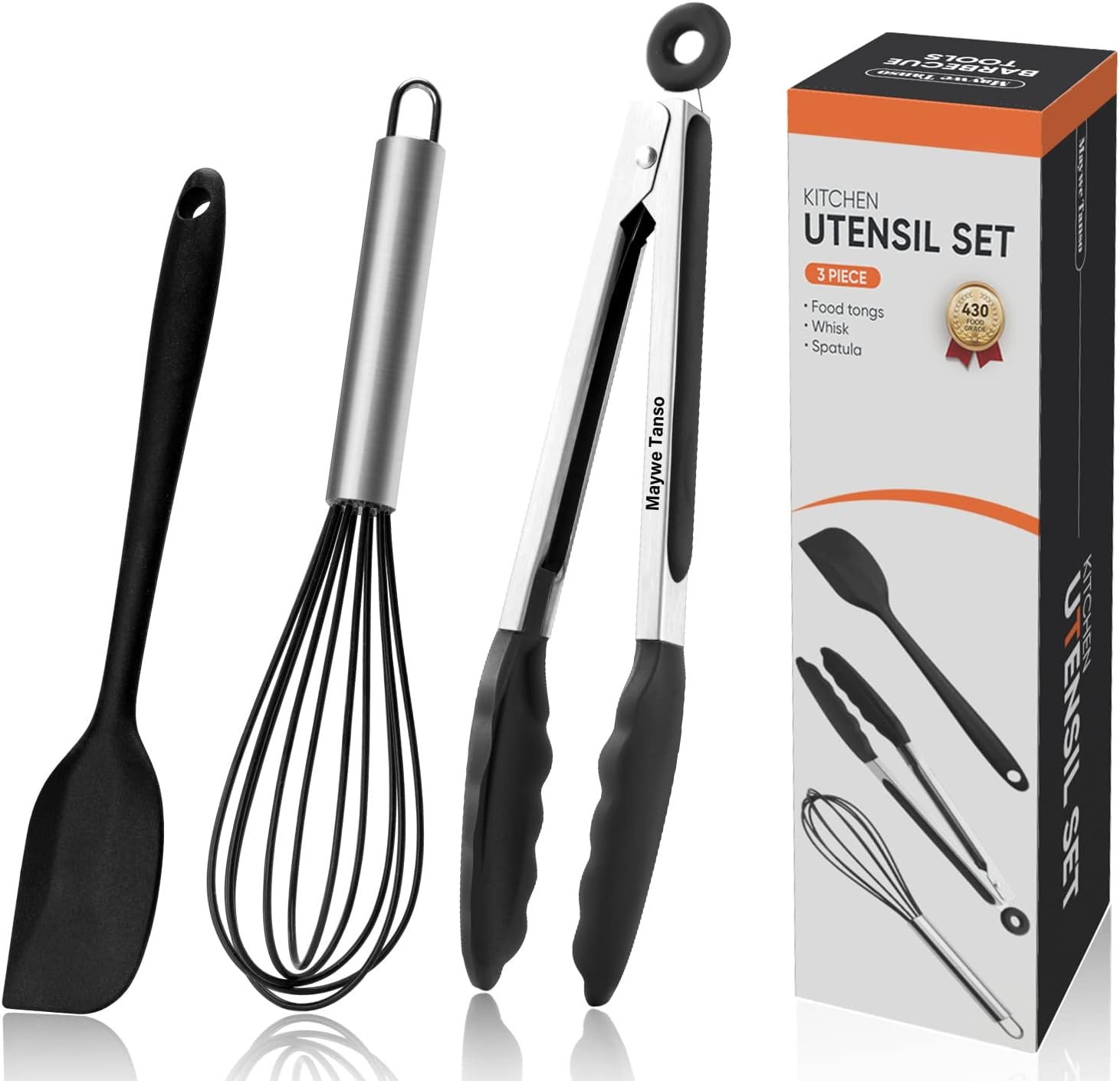 Maywe Tanso Silicone Tongs, Whisk & Spatula Cooking Set of 3 product photo