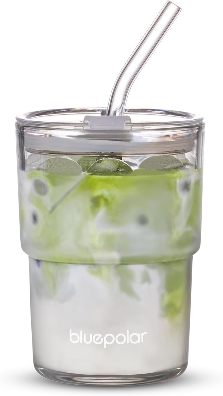 BLUEPOLAR 13oz Glass Water Tumbler with Straw and Sealed Lid (Aurora White) product photo