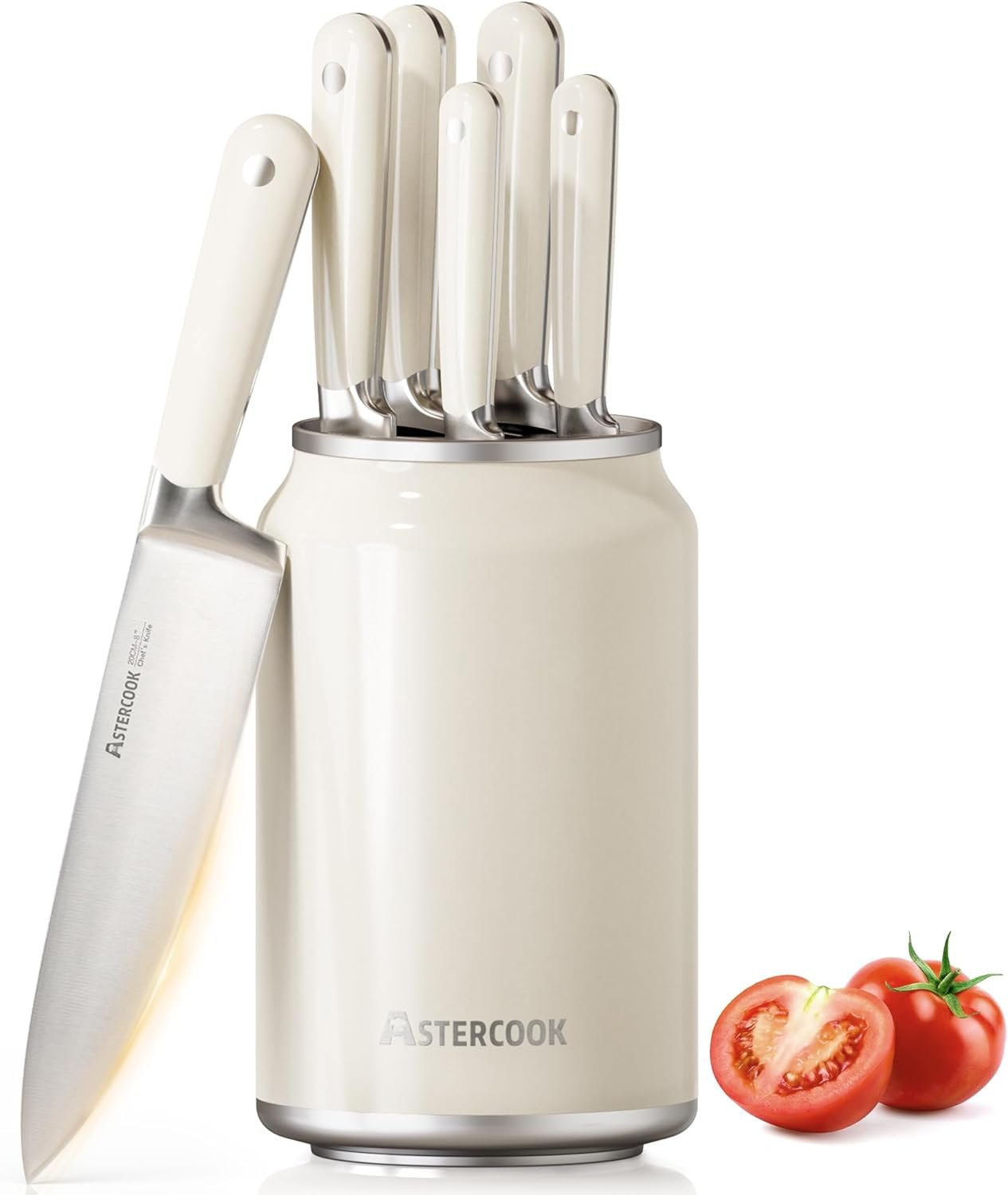 Astercook 6-Piece Kitchen Knife Set with Soda Can Block, Retro Cream Design product photo