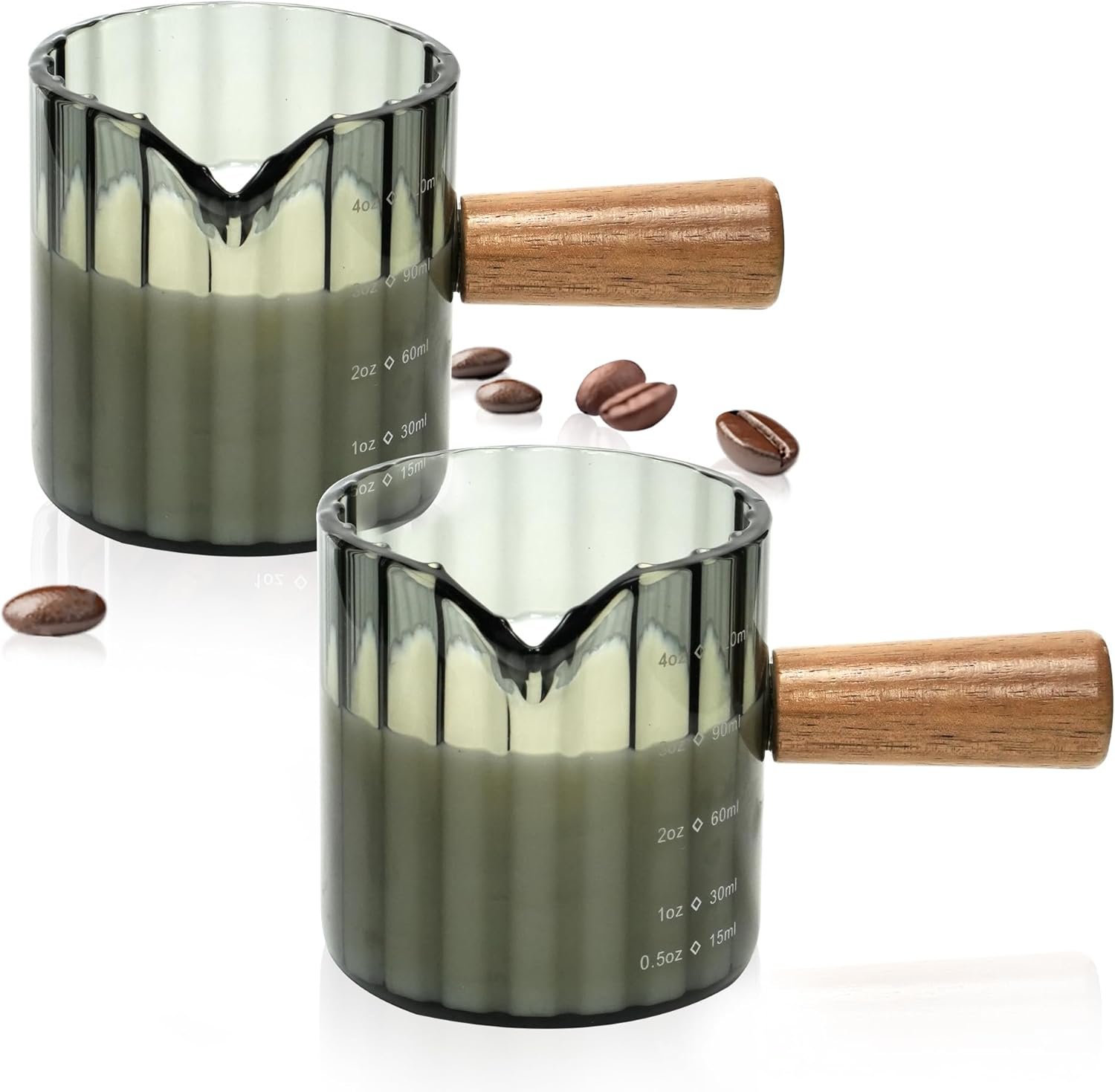 Espresso Cups Set of 2, 4oz Glass Shot Glasses with Wood Handle and Frothing Pitcher product photo