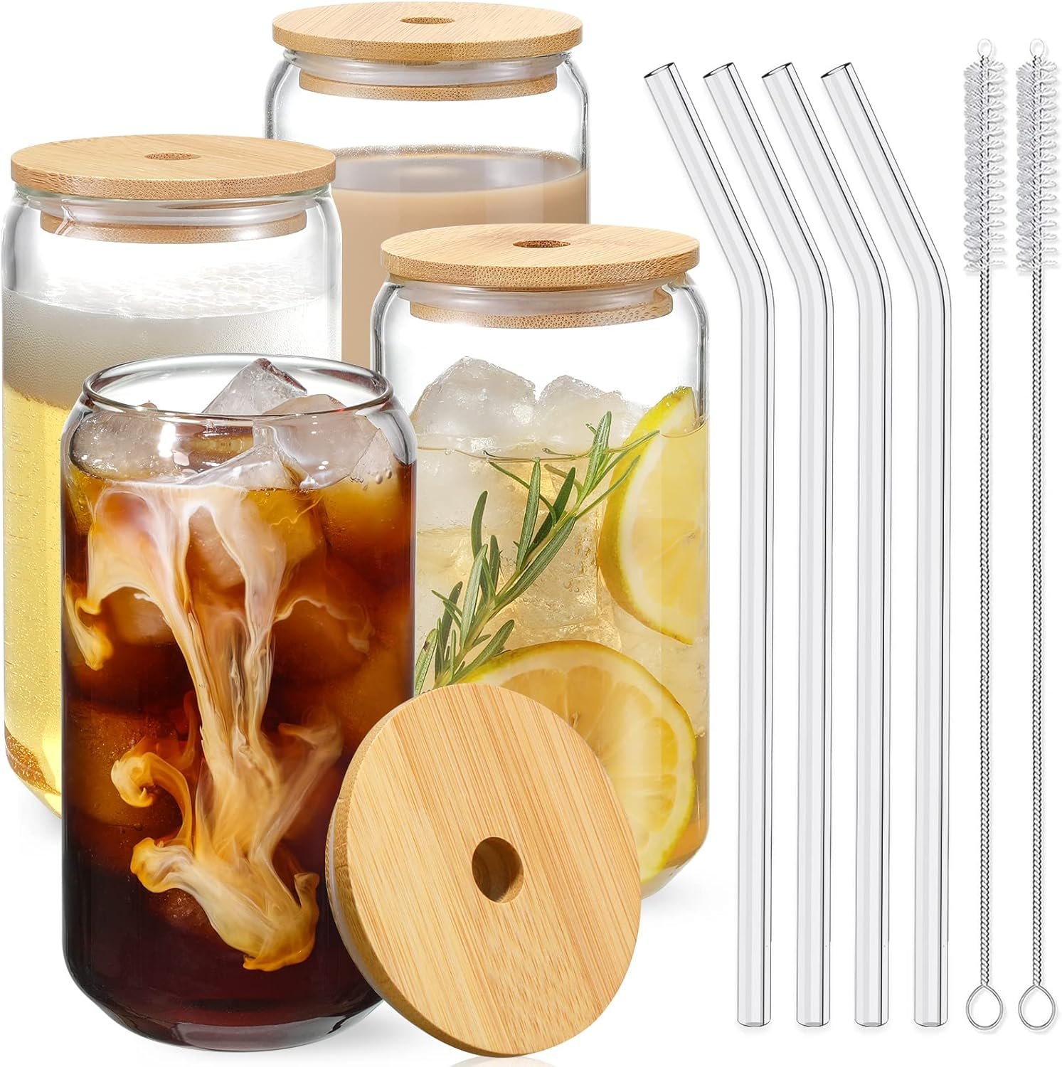 Drinking Glasses with Bamboo Lids and Glass Straws, 16oz Set of 4 product photo