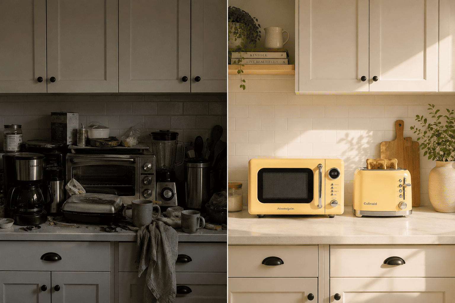 Nostalgia microwave and Culinaid toaster paired together on a countertop
